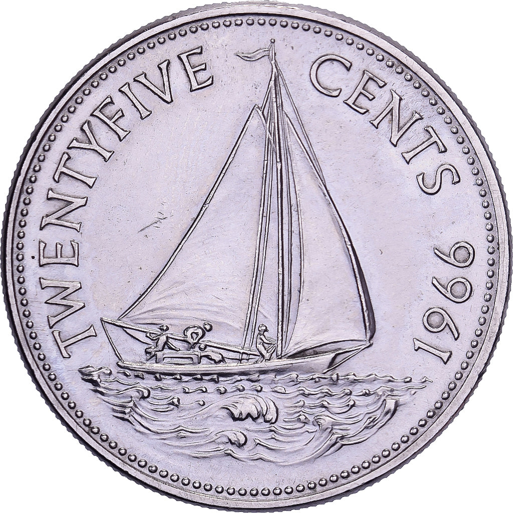 Bahamas, Elizabeth II, 25 Cents, 1966, British Royal Mint, Nickel, MS(60-62)