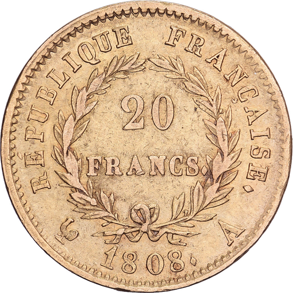 France, Napoleon I, 20 Francs, 1808, Paris, Gold, AU(50-53), Gadoury:1024, Le