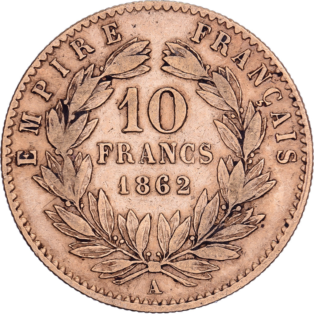 França, Napoleon III, 10 Francs, 1862, Paris, Dourado, VF(30-35), Gadoury:1015