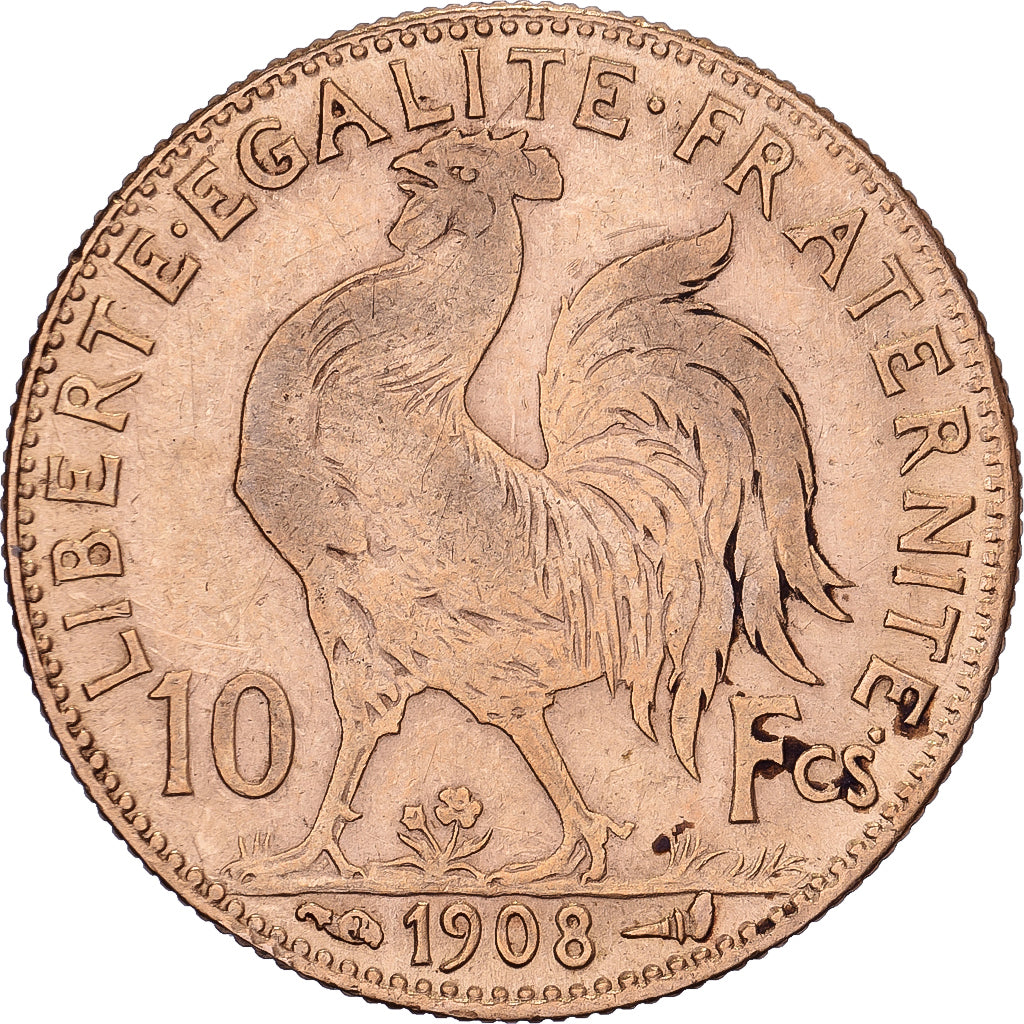 France, 10 Francs, Rooster, 1908, Paris, Marianne, Gold, VF(30-35)