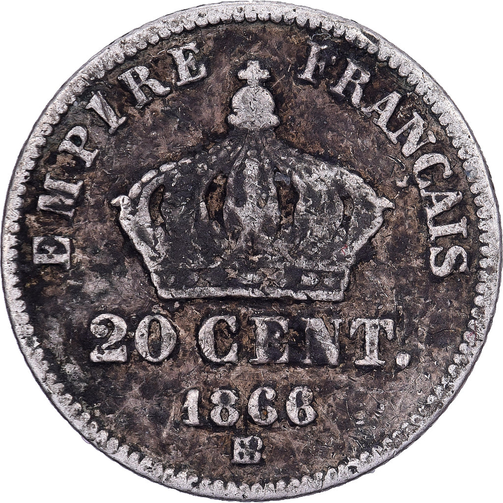França, Napoleon III, 20 Centimes, 1866, Strasbourg, Small flan, Prata