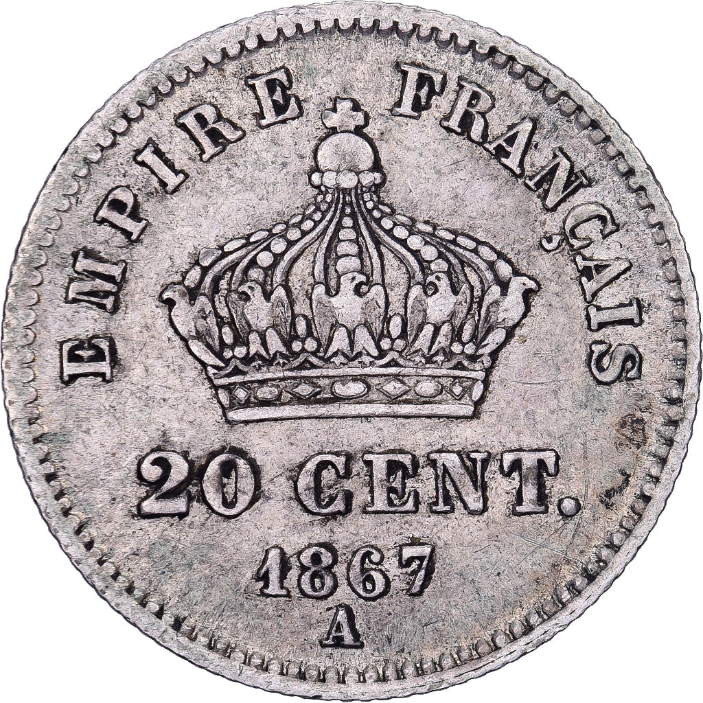 Frankrijk, Napoleon III, 20 Centimes, 1867, Paris, large flan, Zilver, FR+