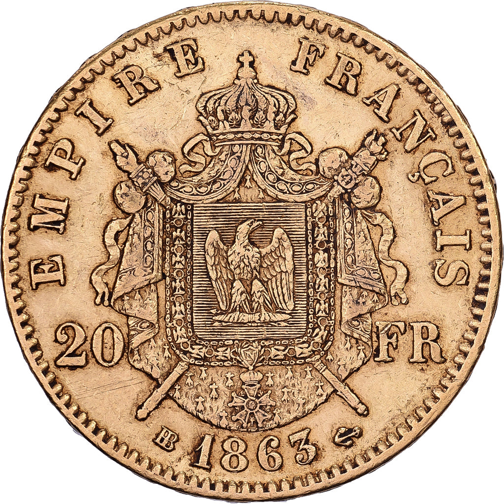 France, Napoleon III, 20 Francs, 1863, Paris, Gold, AU(50-53), Gadoury:1062, Le