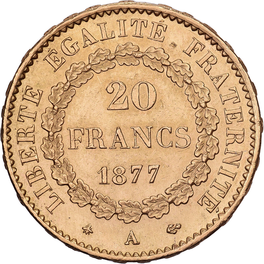 Francja, Napoleon III, 20 Francs, 1877, Paris, Złoto, AU(50-53), Gadoury:1063