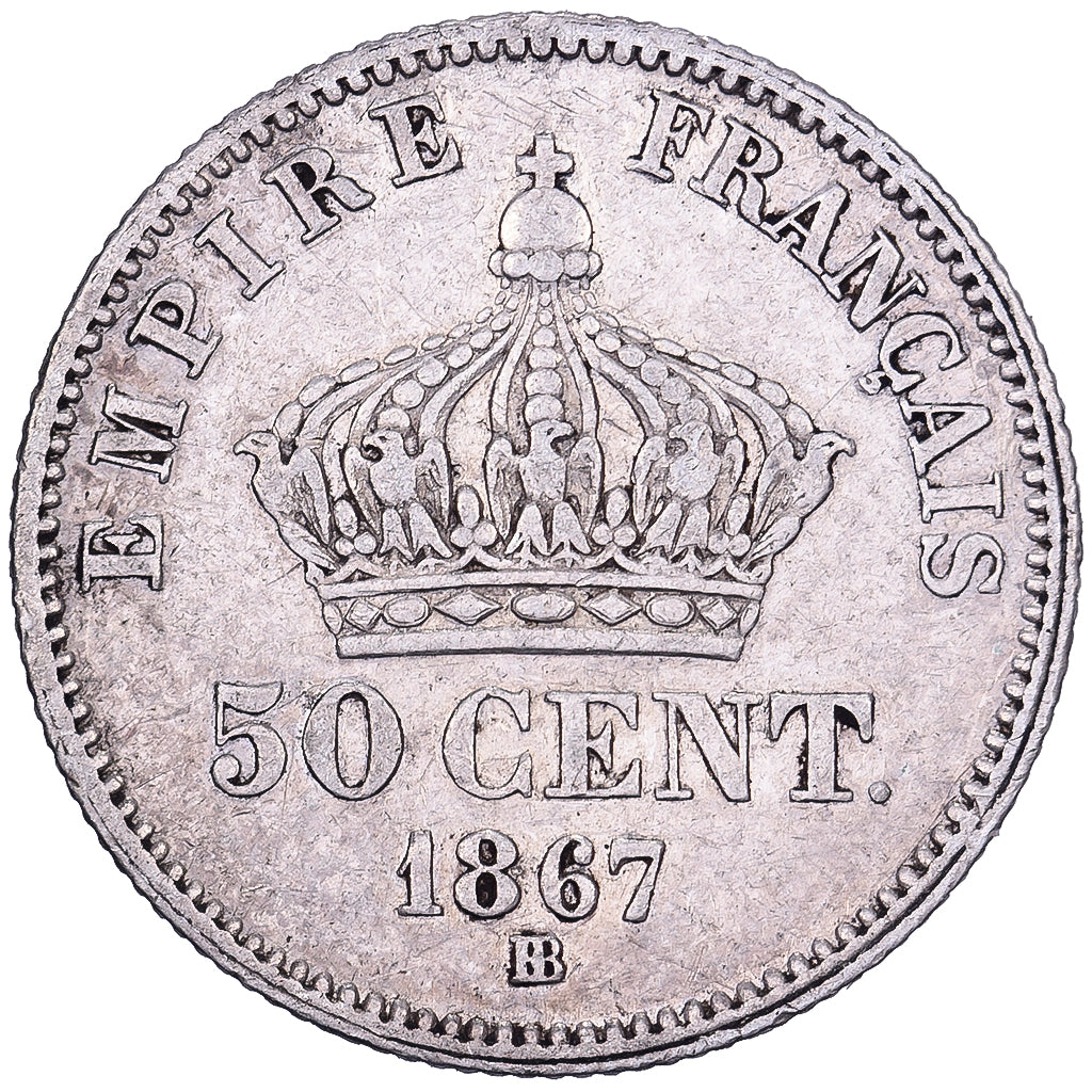 Francja, Napoleon III, 50 Centimes, 1867, Strasbourg, Srebro, VF(30-35)