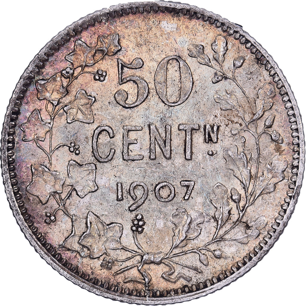 Belgio, Leopold II, 50 Centimes, Vinçotte, 1907, Brussels, Argento, MB+, KM:61