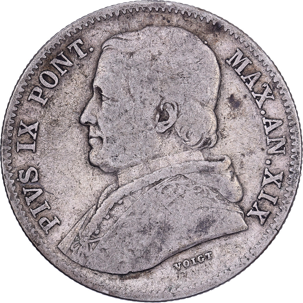 Italian States, Pius IX, 20 Baiocchi, 1865, Rome, AN. XIX, Silver, VF(30-35)