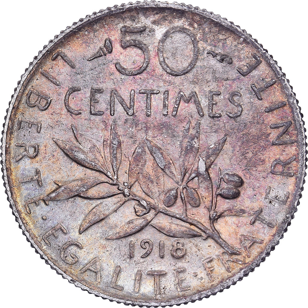 France, 50 Centimes, Semeuse, 1918, Paris, Silver, EF(40-45)
