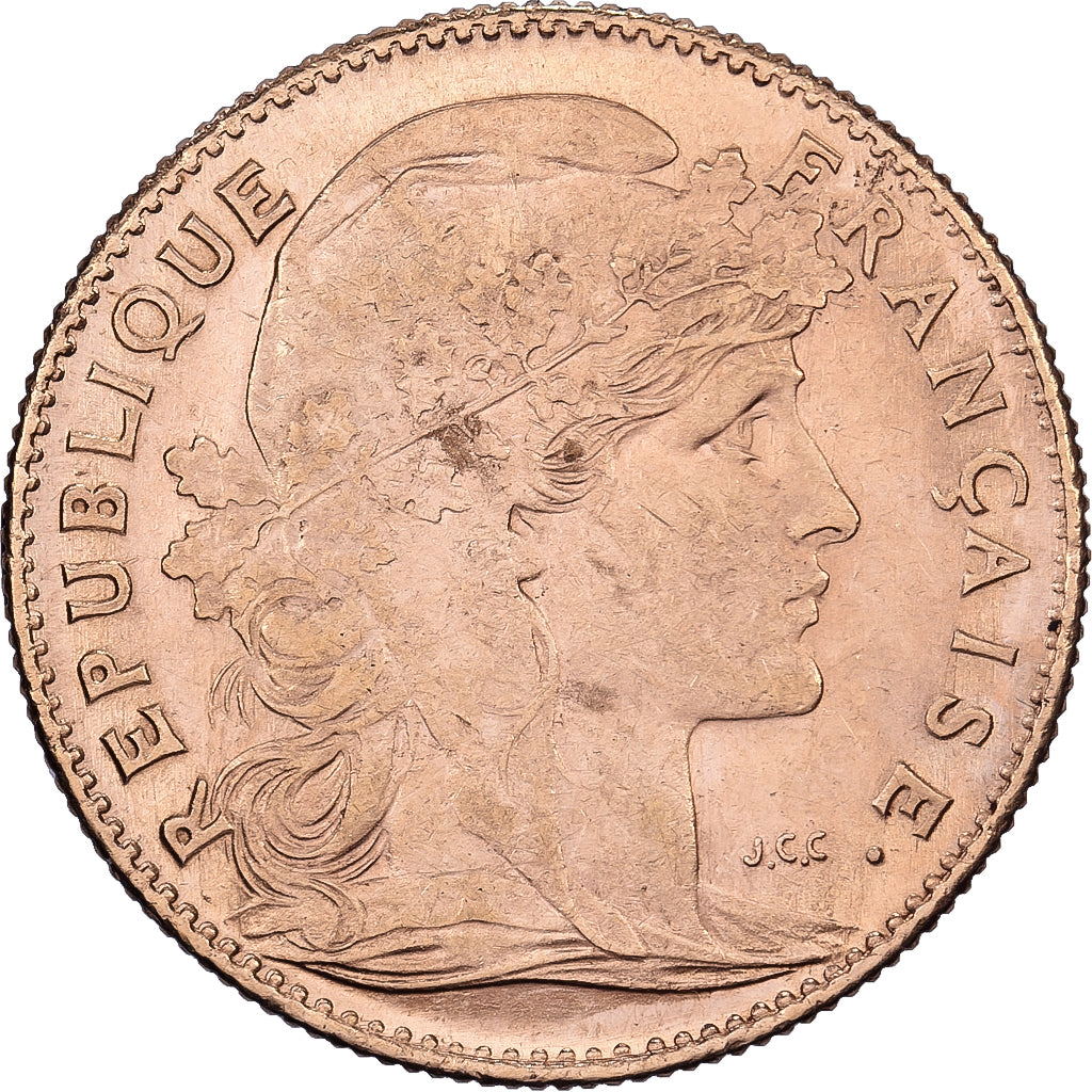 Francja, 10 Francs, Marianne, 1910, Paris, Coq / Rooster, Złoto, AU(50-53)