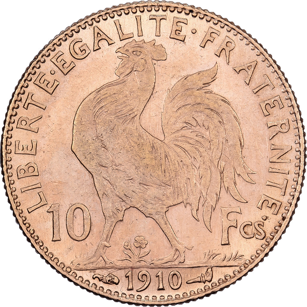 Francja, 10 Francs, Marianne, 1910, Paris, Coq / Rooster, Złoto, AU(50-53)