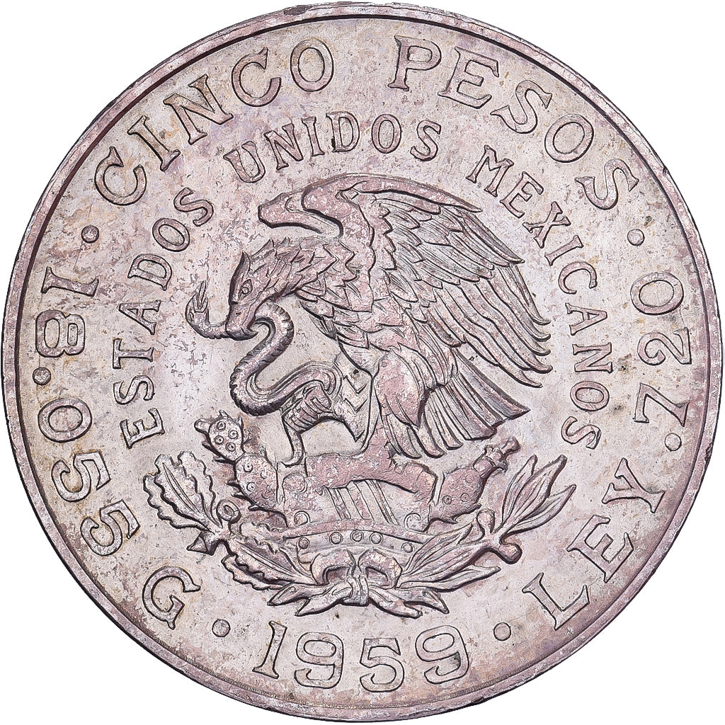 Mexique, 5 Pesos, Carranza, 1959, Mexico City, Argent, SUP+, KM:471