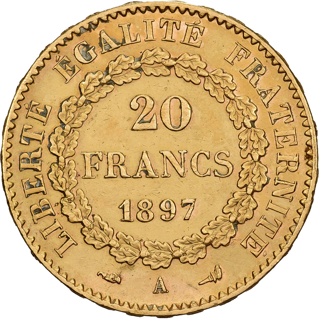 França, 20 Francs, Génie, 1897, Paris, Dourado, MS(60-62), Gadoury:1063, Le