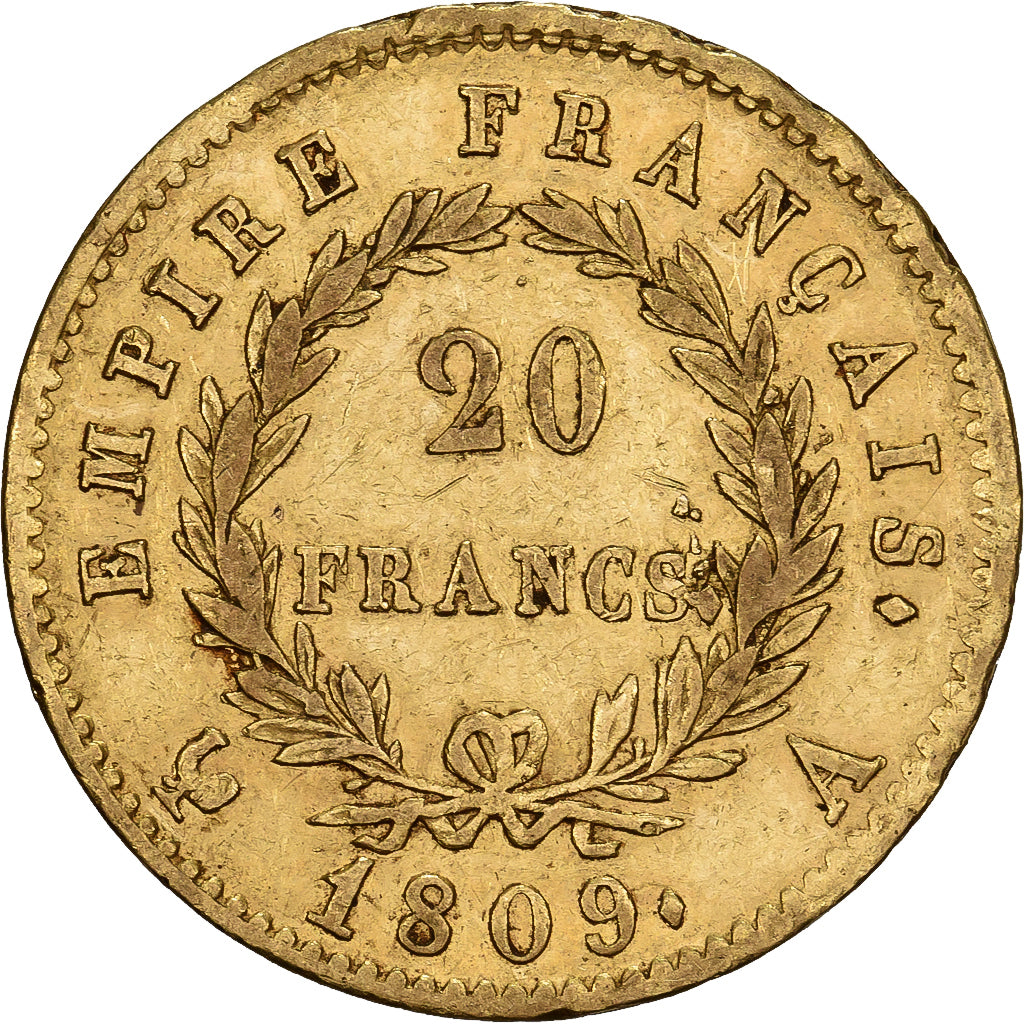 França, Napoleon I, 20 Francs, 1809, Paris, Dourado, AU(50-53), Gadoury:1025