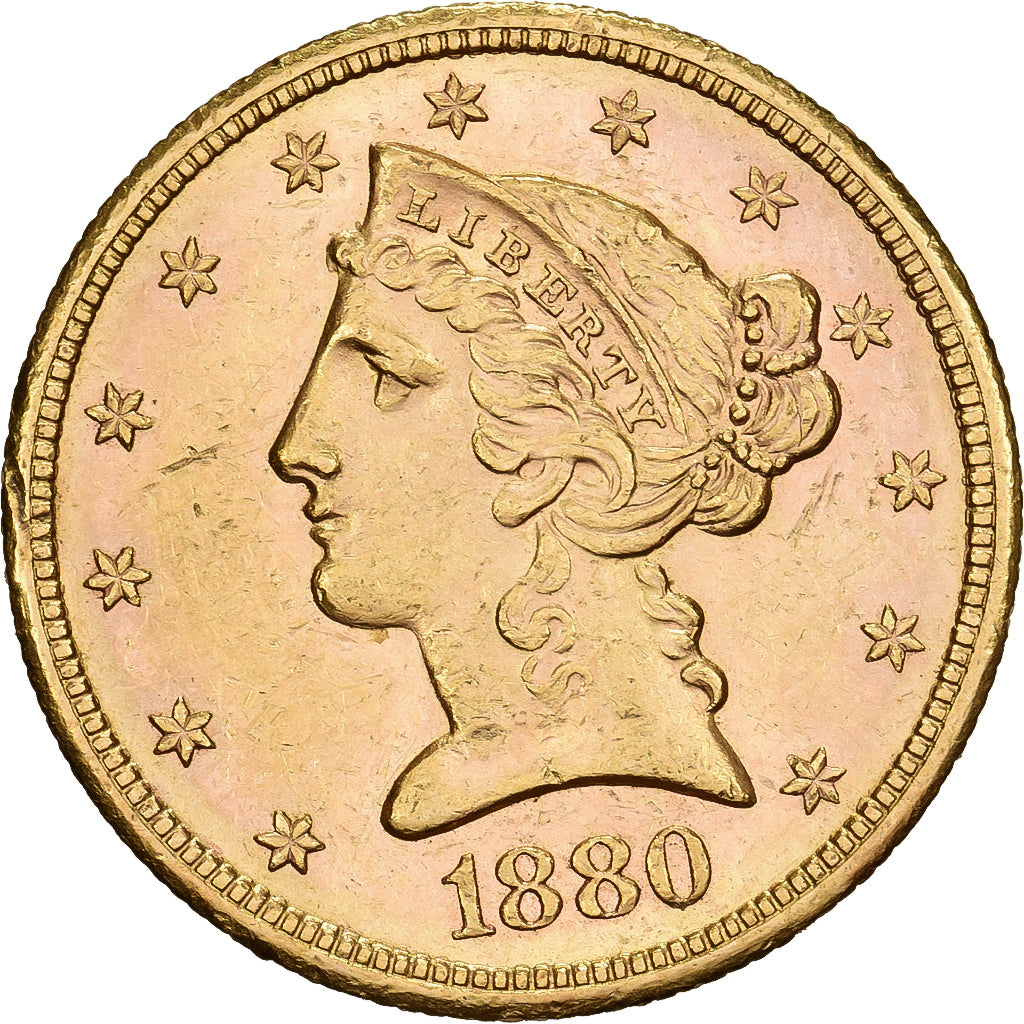Verenigde Staten, 5 Dollars, Coronet Head, 1880, San Francisco, Goud, ZF+