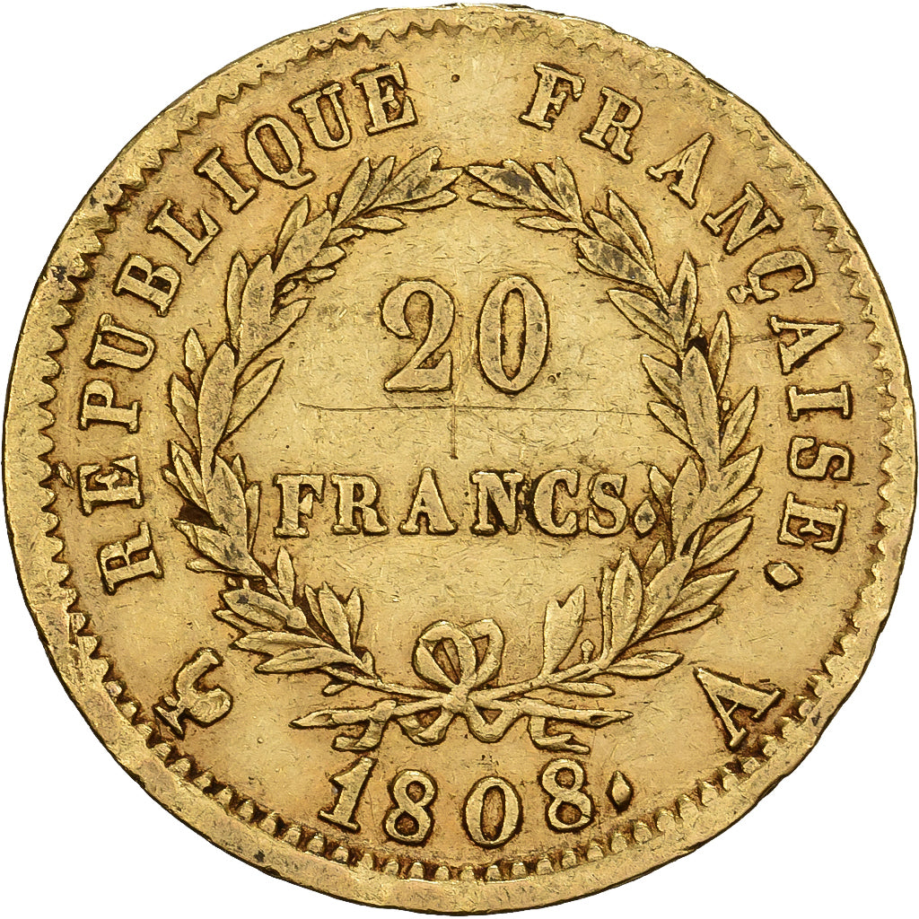 França, Napoleon I, 20 Francs, 1808, Paris, Dourado, AU(50-53), Gadoury:1024