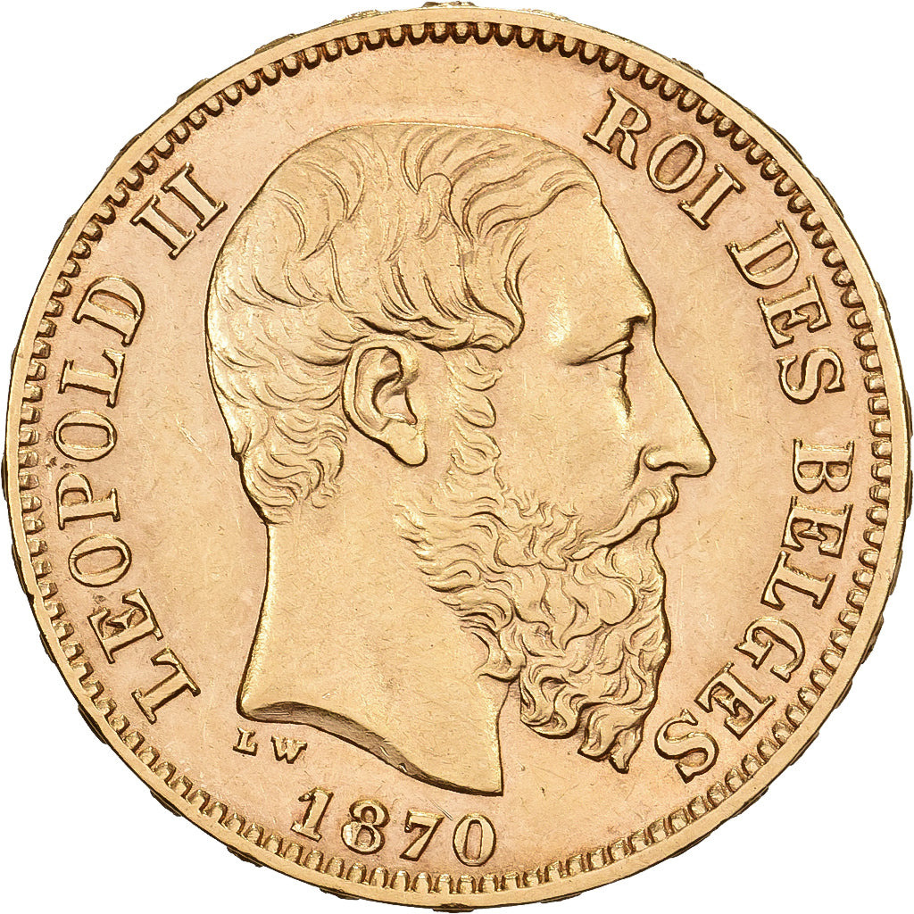 Belgium, Leopold II, 20 Francs, 1870, Brussels, Gold, MS(60-62), KM:37