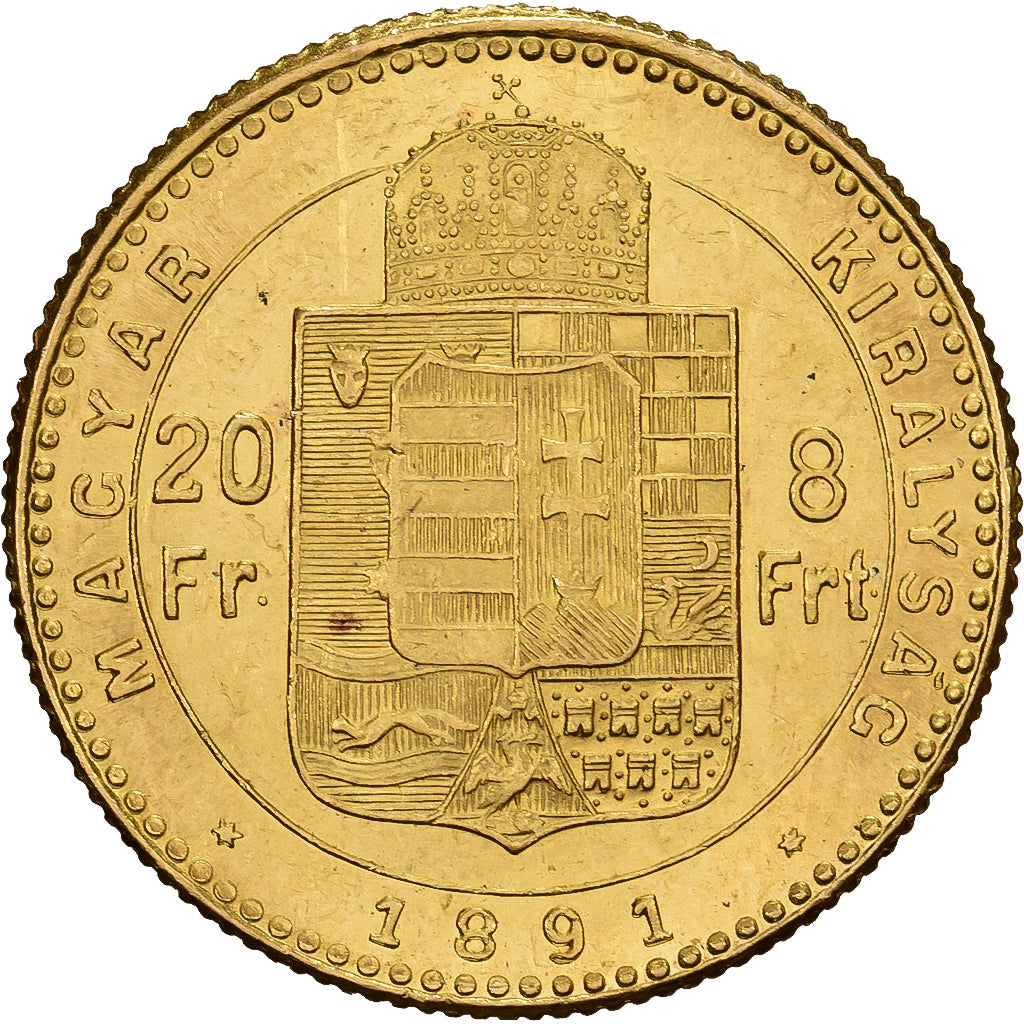 Ungheria, FERENCZ JÓZSEF I, 8 Forint, 1891, Kremnica, Oro, SPL, KM:477