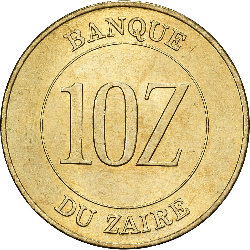 Zaire, 10 Zaïres, 1988, Llantrisant, Brass, AU(55-58), KM:19