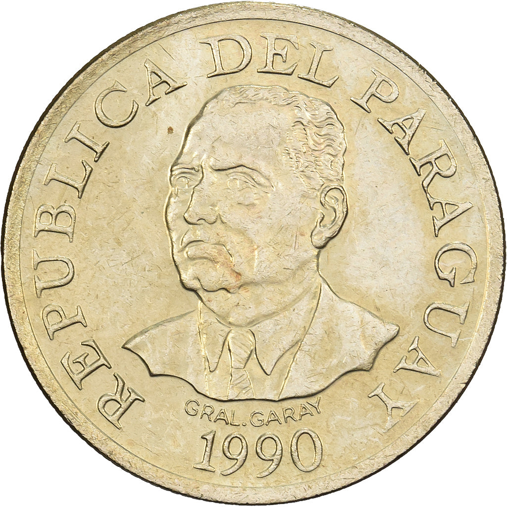 Paraguay, 10 Guaranies, 1990, Llantrisant, Nickel brass, PR, KM:178