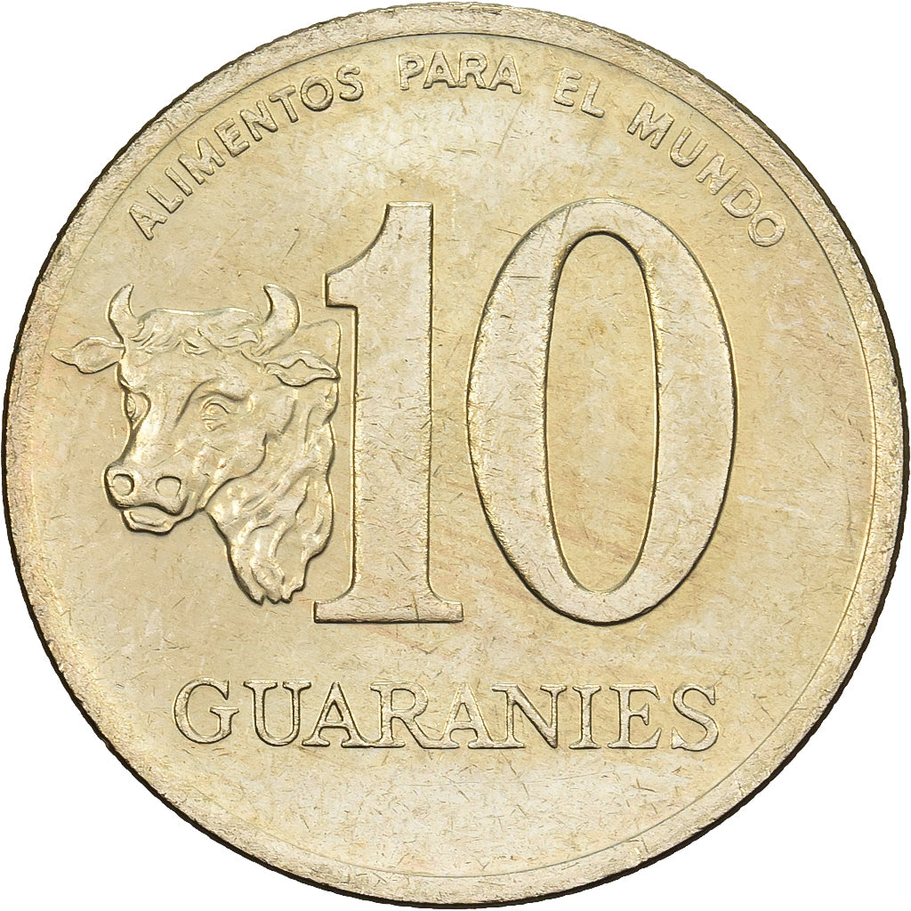 Paraguay, 10 Guaranies, 1990, Llantrisant, Nickel brass, PR, KM:178