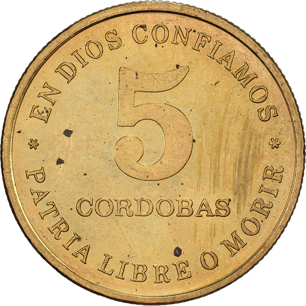 Nicaragua, 5 Cordobas, 1987, Vereinigte Deutsche Nickelwerke, Aluminum-Bronze