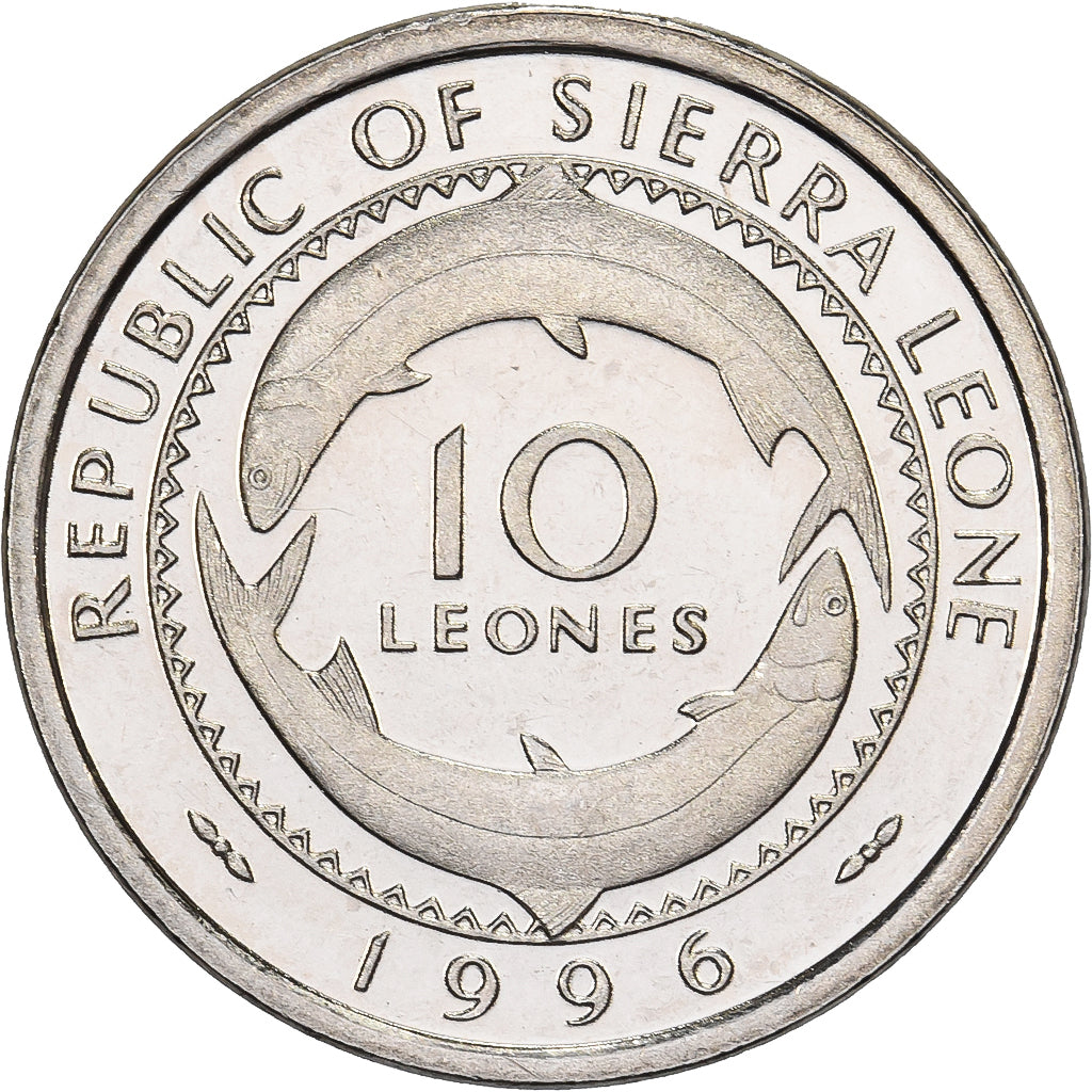 Sierra Leone, 10 Leones, 1996, Acciaio placcato nichel, FDC, KM:44
