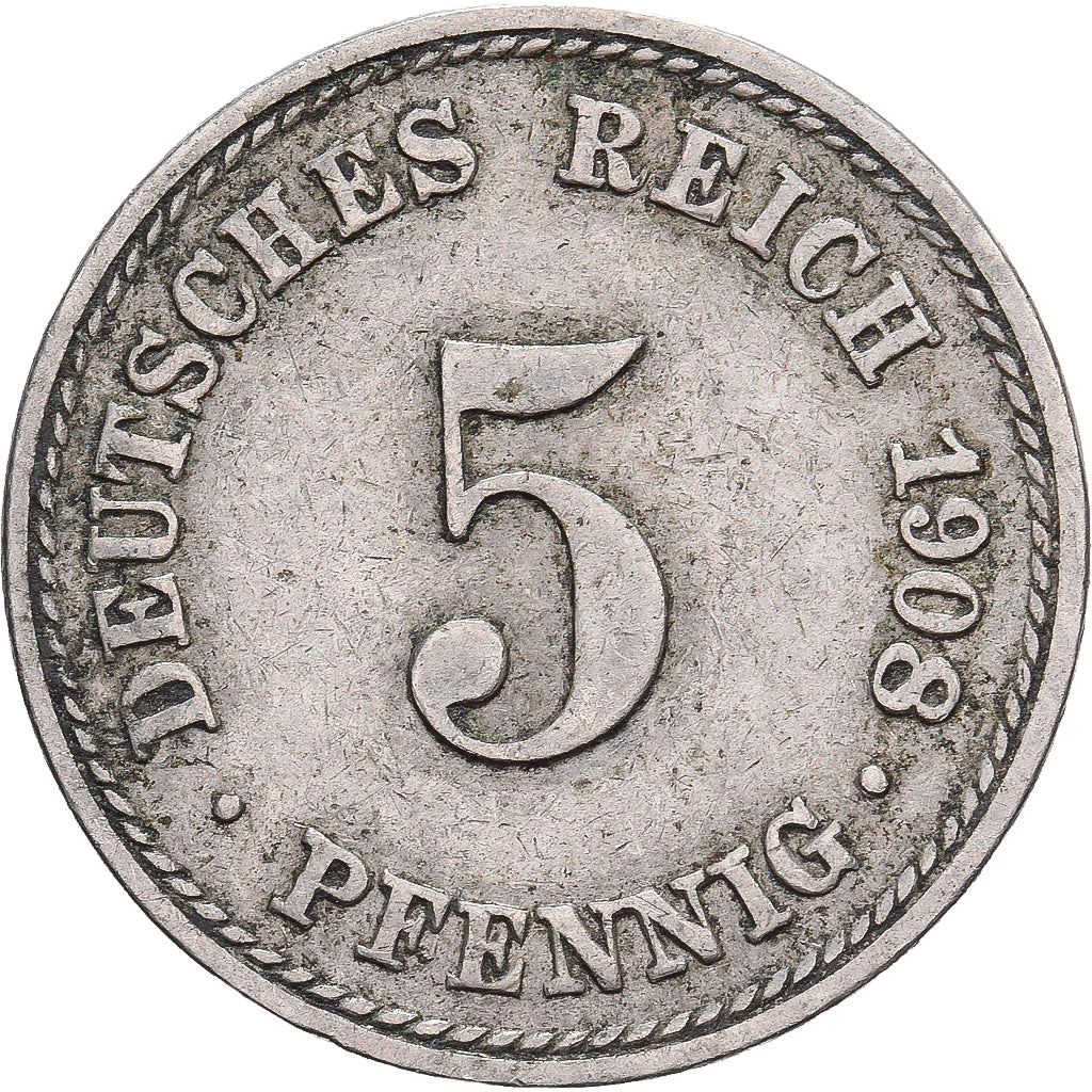 NIEMCY - IMPERIUM, 5 Pfennig, 1908, Berlin, Cupronickel, EF(40-45)