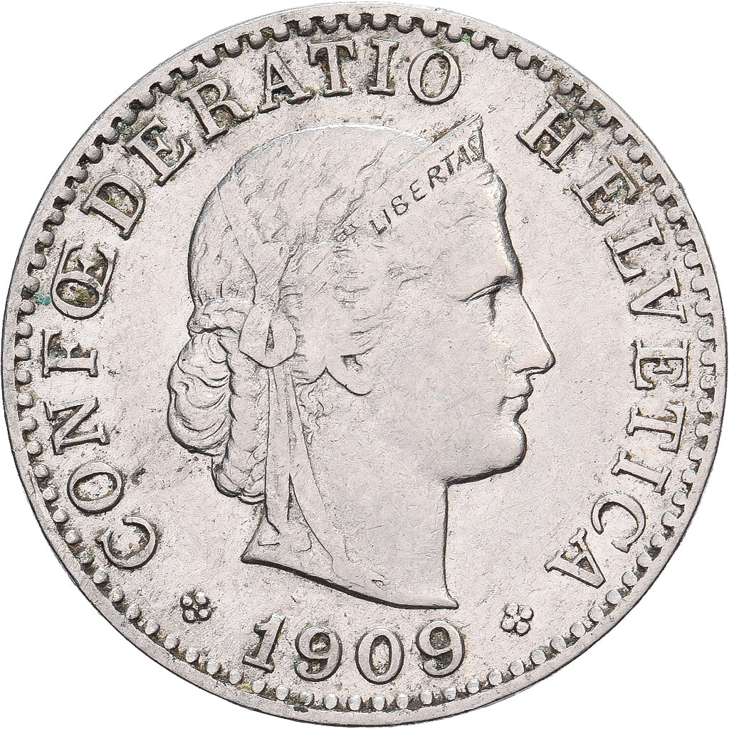 Suiza, 20 Rappen, Libertas, 1909, Bern, Cobre - níquel, MBC+, KM:29a