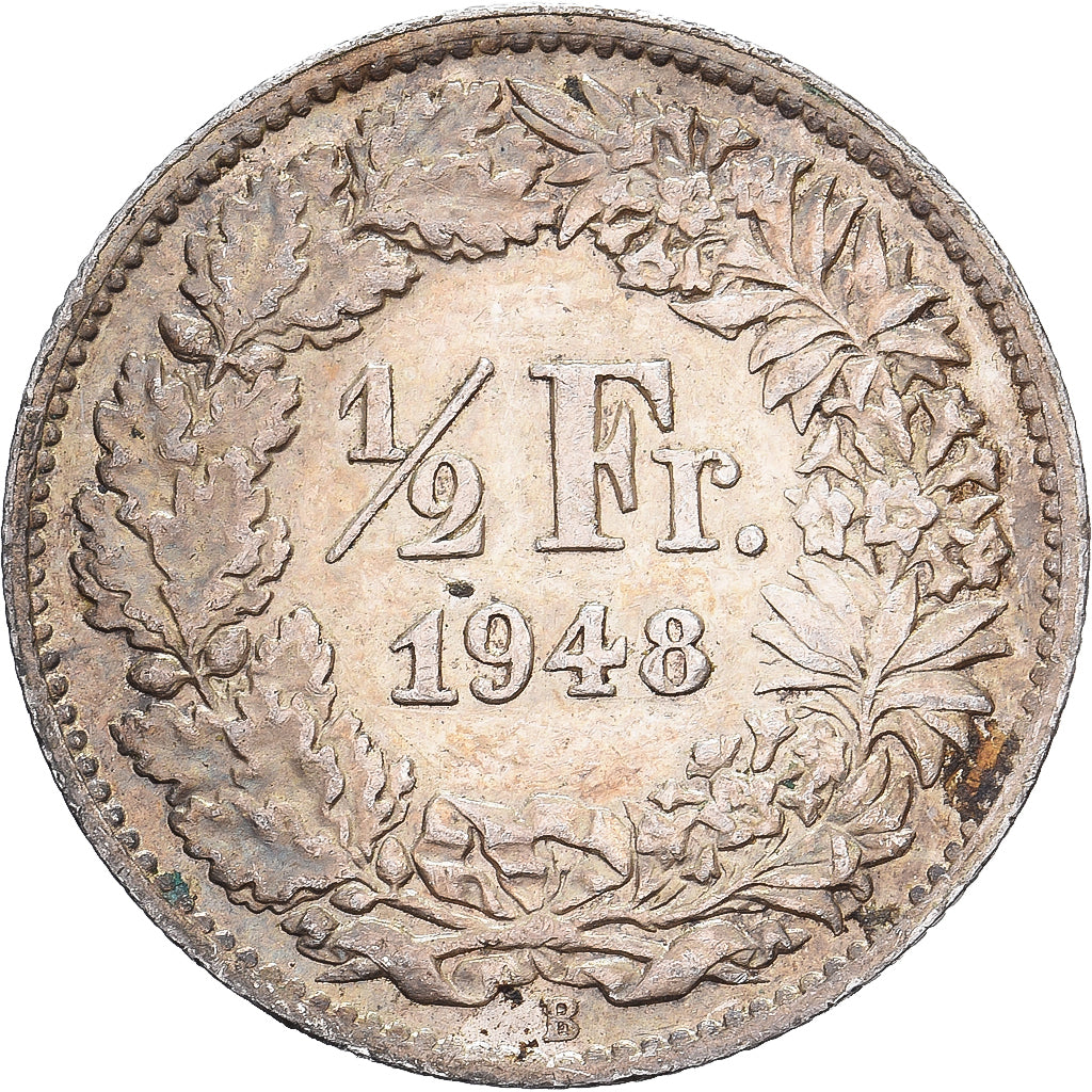 Suiza, 1/2 Franc, 1948, Bern, Plata, BC+, KM:23