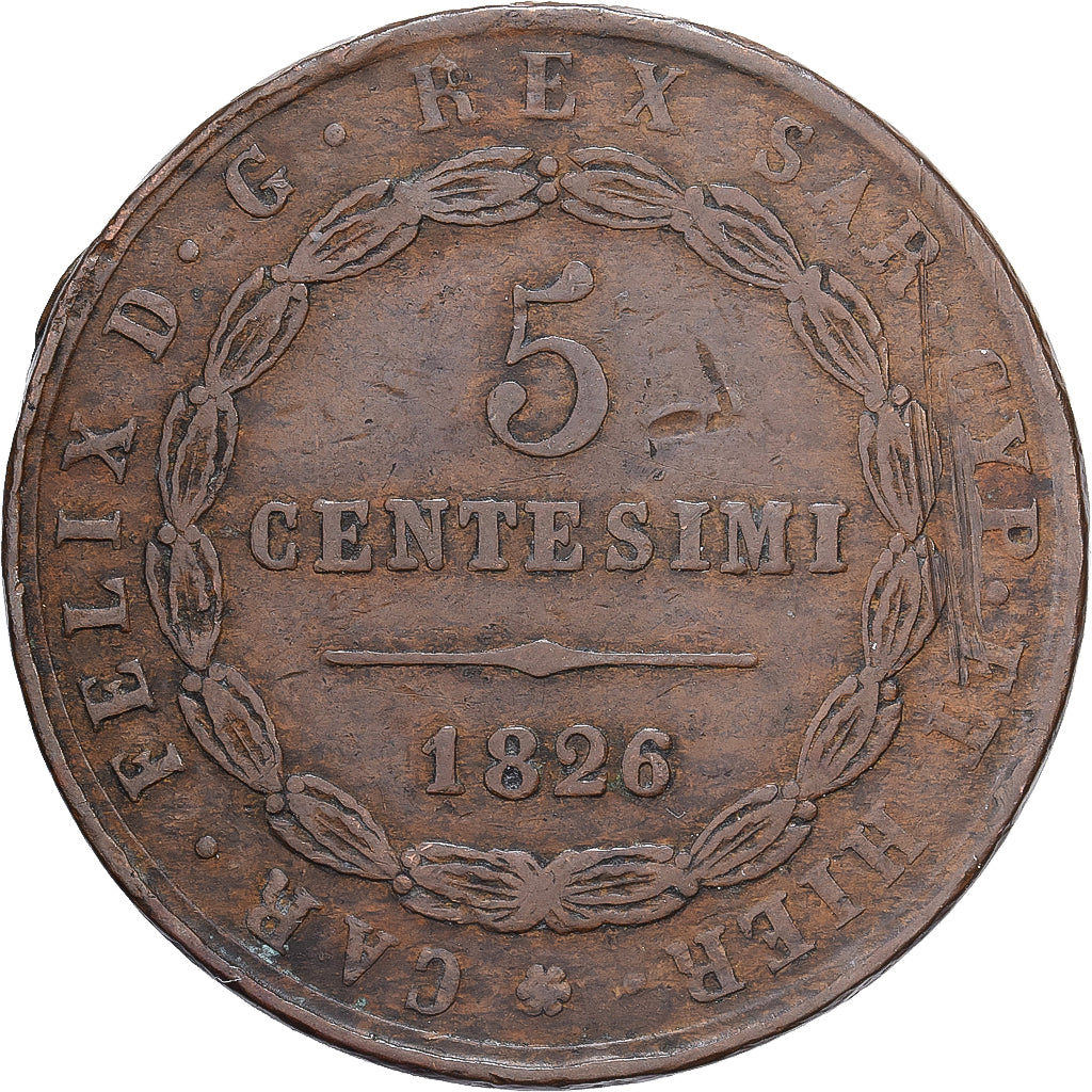 Kingdom of Sardinia, Carlo Felice, 5 Centesimi, 1826, Cobre, VF(20-25)