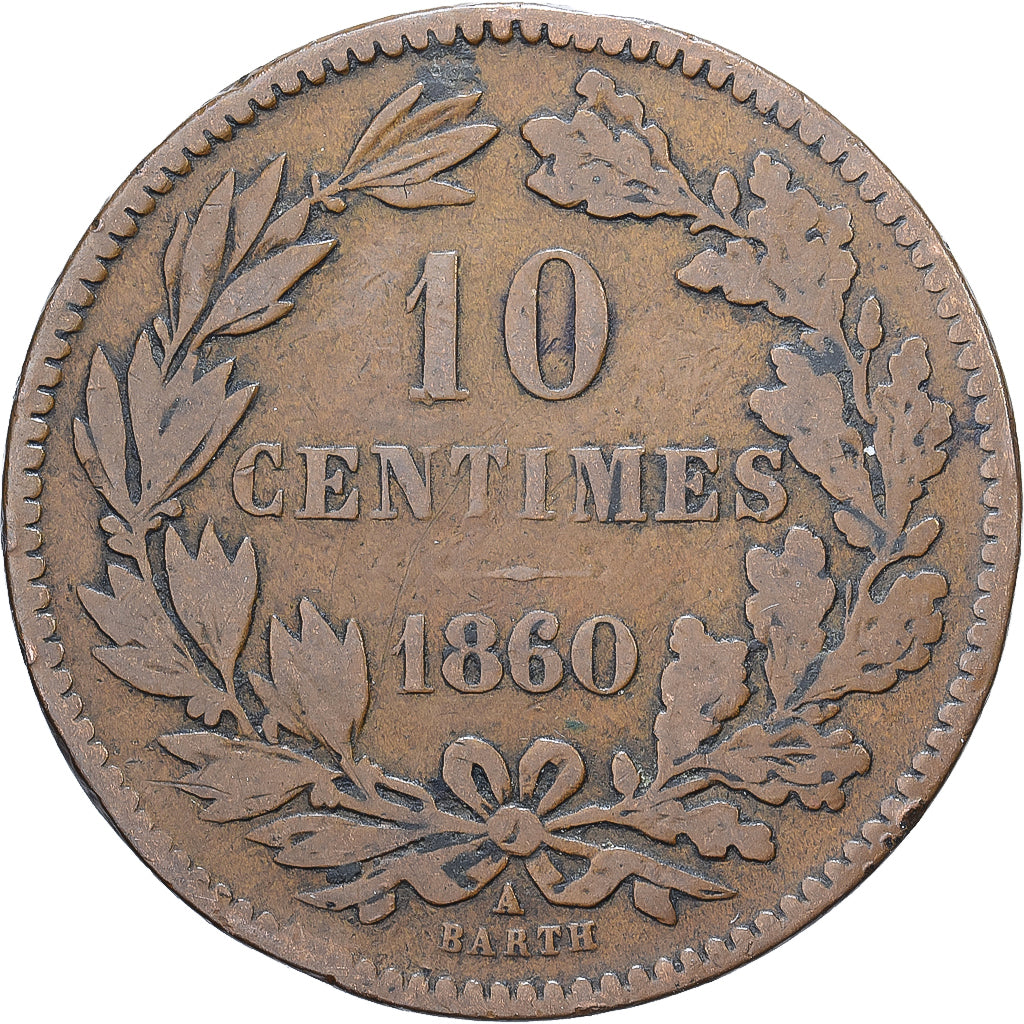 Luxemburgo, Guillaume III, 10 Centimes, 1860, Paris, Cobre, MBC, KM:23