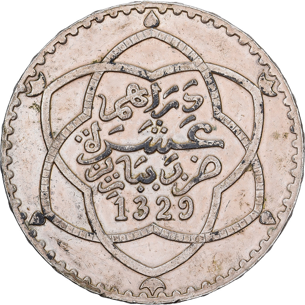 Marocco, 'Abd al-Hafiz, Rial, 10 Dirhams, 1911/AH1329, bi-Bariz, Argento, BB+