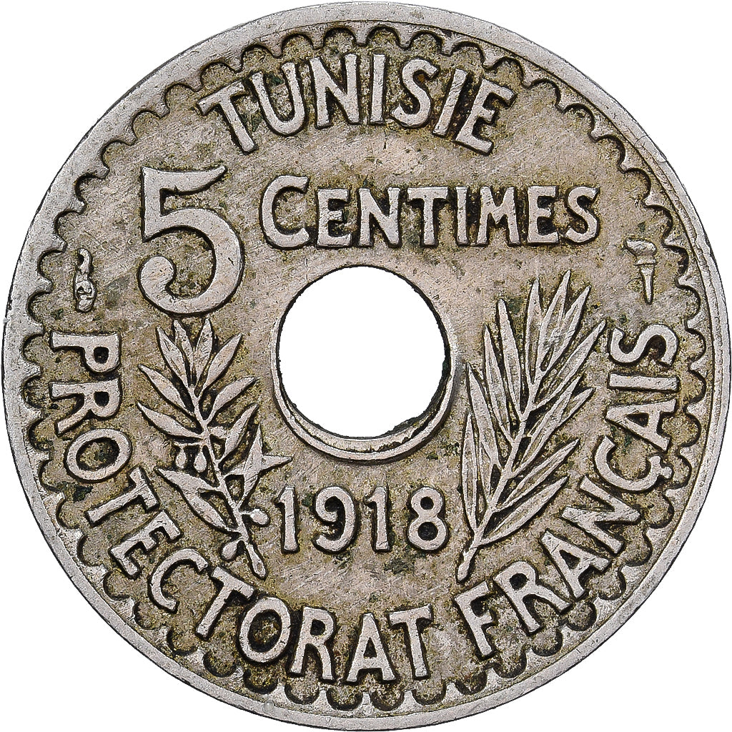 Tunisia, Ahmad Pasha Bey, 5 Centimes, 1337/1918, Paris, Nichel-bronzo, BB+