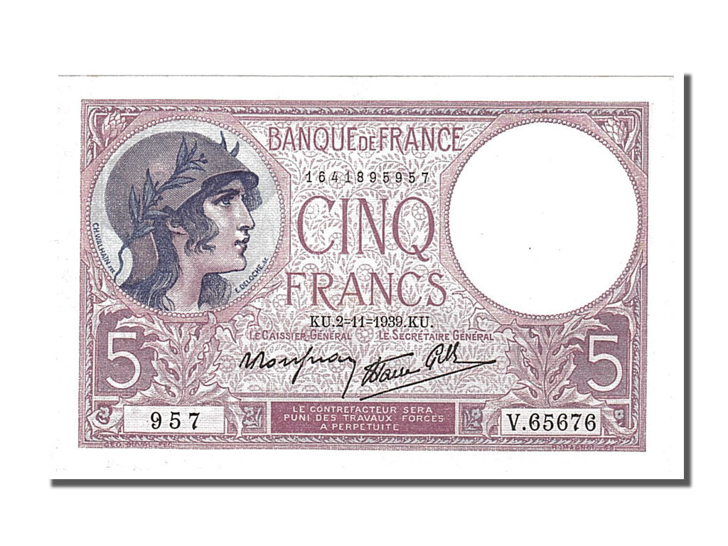 Banknote, France, 5 Francs, 1955-1959 Overprinted with ''Nouveaux Francs''