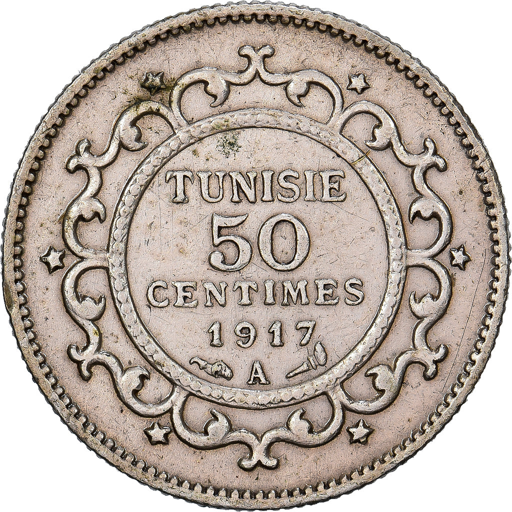 TUNISIA, 50 Centimes, 1917, Paris, KM #237, AU(50-53), Silver, 2.48