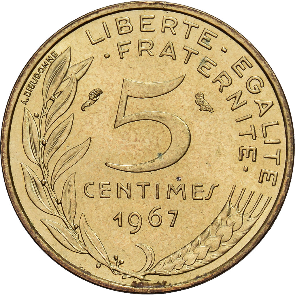 France, 5 Centimes, Marianne, 1967, Paris, Aluminum-Bronze, AU(50-53)