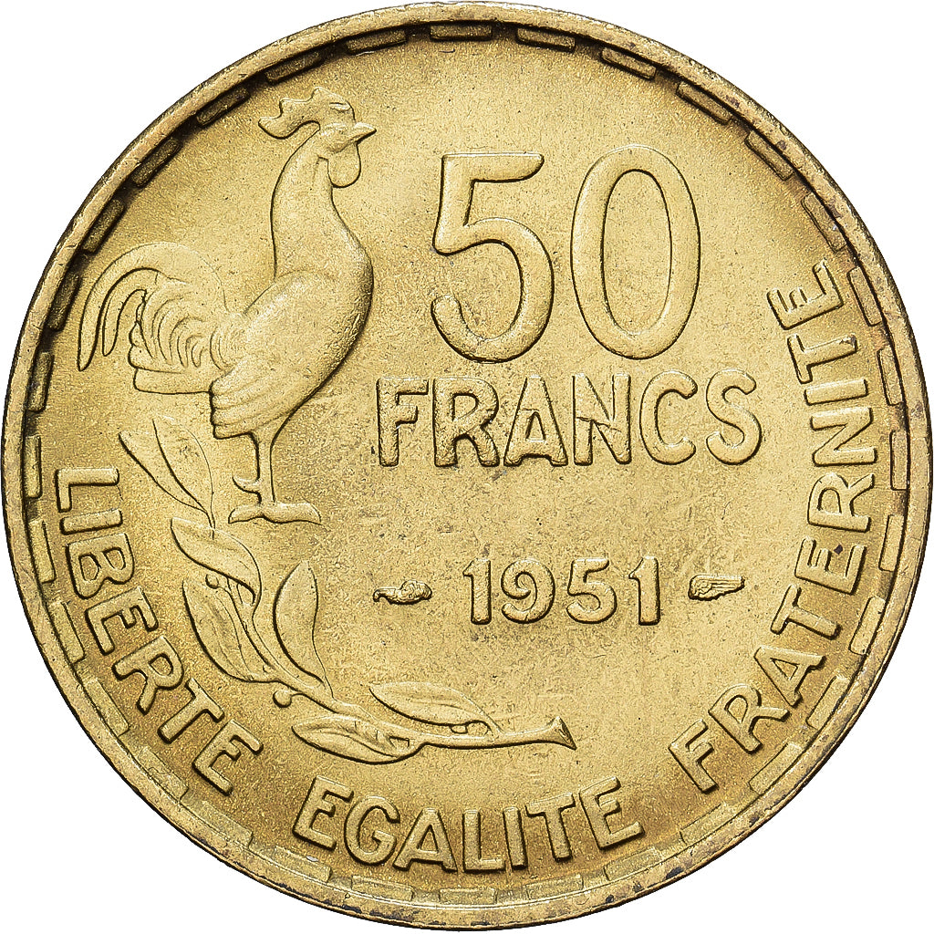 Frankrijk, 50 Francs, Guiraud, 1951, Paris, Aluminum-Bronze, FR+, Gadoury:880
