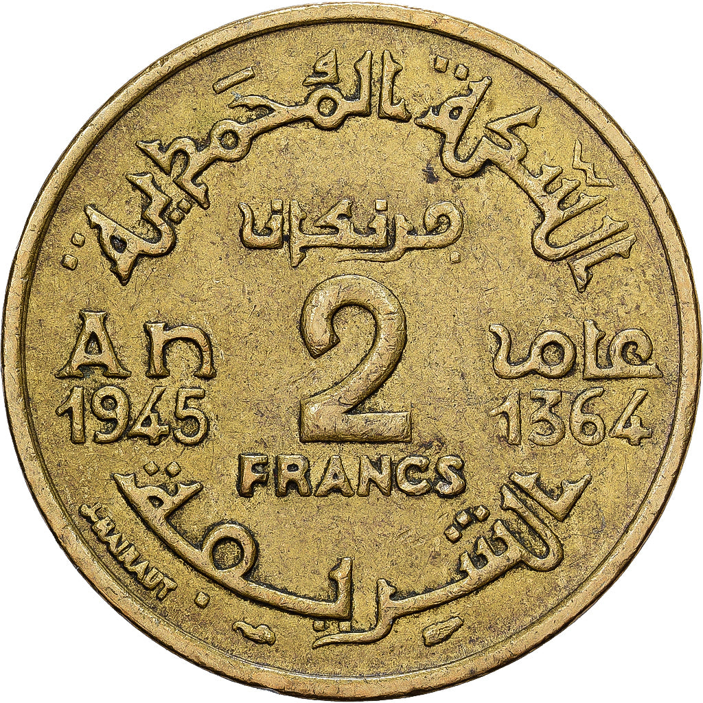 Marrocos, Mohammed V, 2 Francs, AH 1364/1945, Paris, Alumínio-Bronze