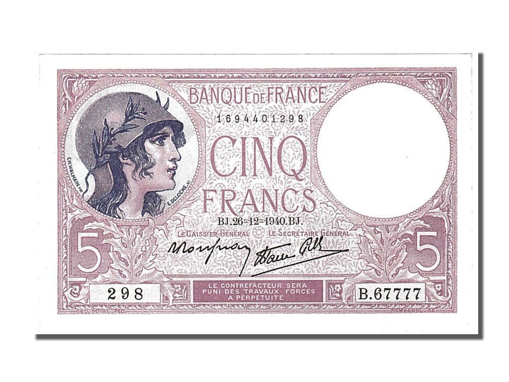 Banknote, France, 5 Francs, 5 F 1917-1940 ''Violet'', 1940, 1940-12-26