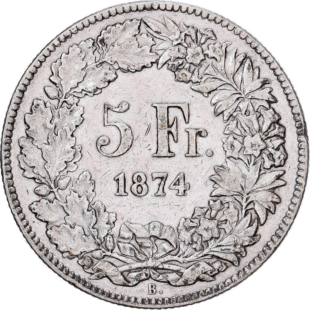Switzerland, 5 Francs, 1874, Bruxelles, Silver, EF(40-45), KM:11