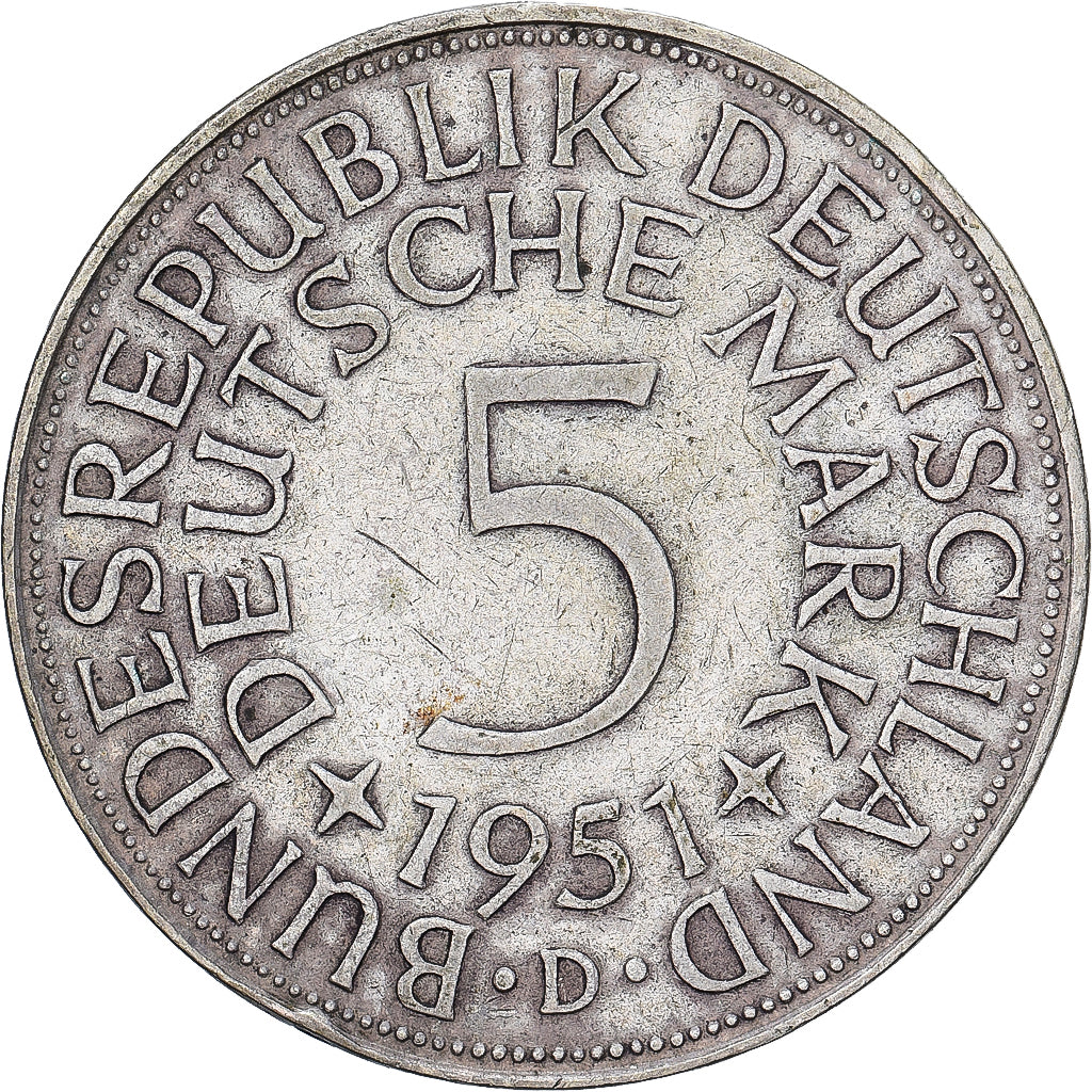 Niemcy - RFN, 5 Mark, 1951, Munich, Srebro, EF(40-45), KM:112.1