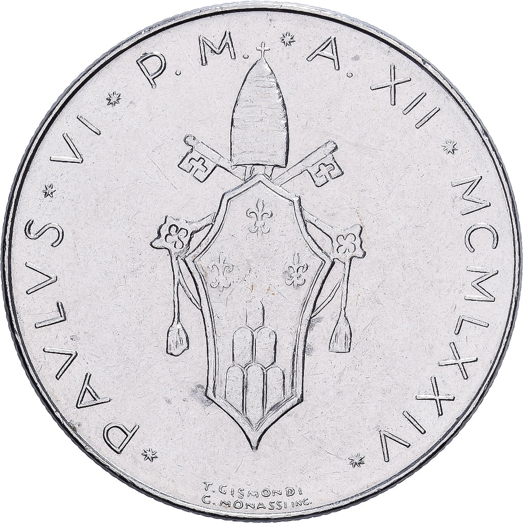 CITTÀ DEL VATICANO, Paul VI, 50 Lire, 1974 / Anno XII, Rome, Acciaio