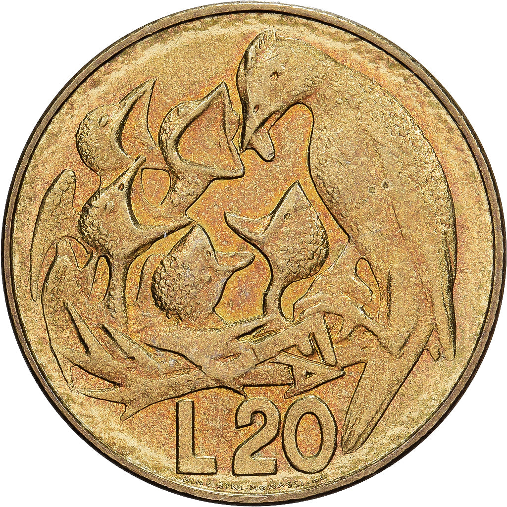 San Marino, 20 Lire, 1975, Rome, Aluminum-Bronze, VF(30-35), KM:44