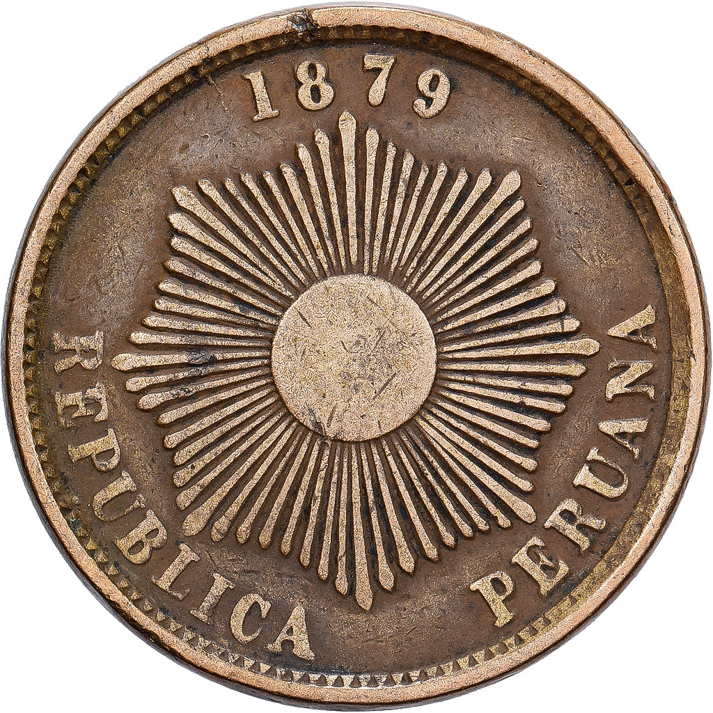 Peru, SOUTH PERU, 2 Centavos, 1879, Miedź lub Brąz, EF(40-45), KM:188.2