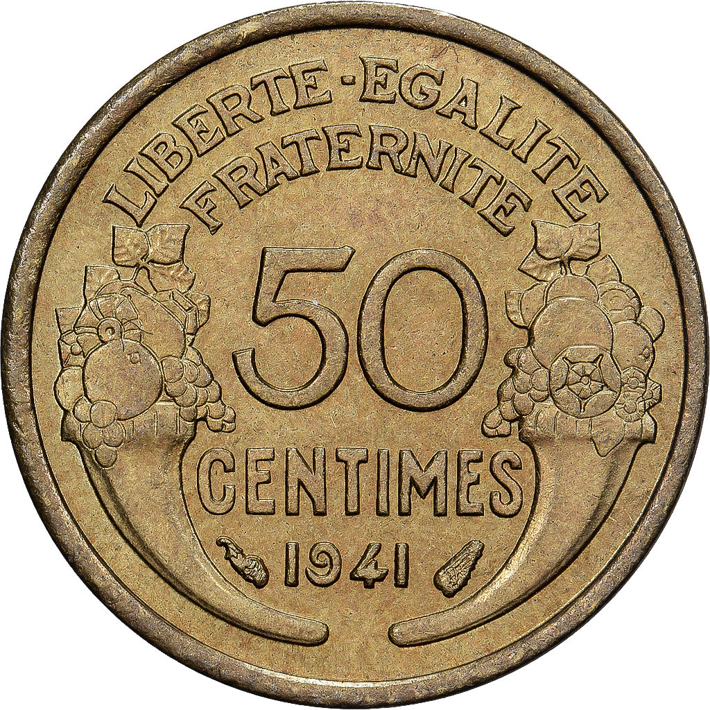 França, 50 Centimes, Morlon, 1941, Paris, Alumínio-Bronze, AU(50-53)