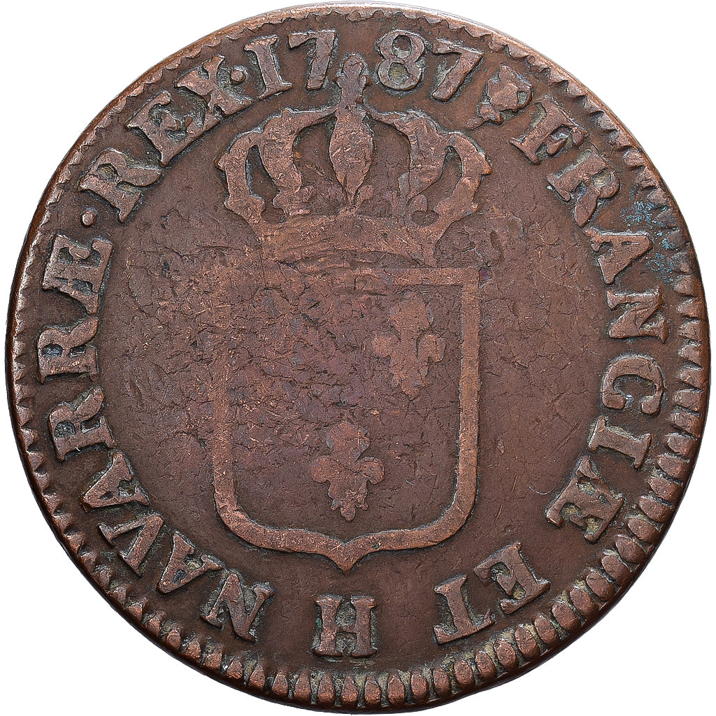 Francia, Louis XVI, Sol, Sol ou sou, 1787, La Rochelle, Rame, MB+, Gadoury:350