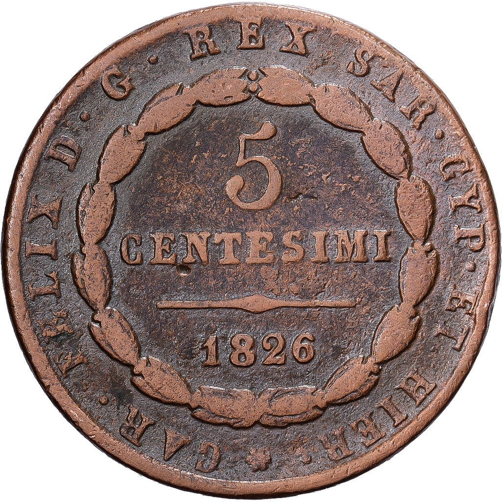 STATI ITALIANI, SARDINIA, Carlo Felice, 5 Centesimi, 1826, Turin, Rame, BB