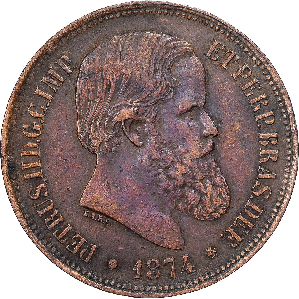 Brasil, Pedro II, 40 Reis, 1874, Bronce, MBC, KM:479