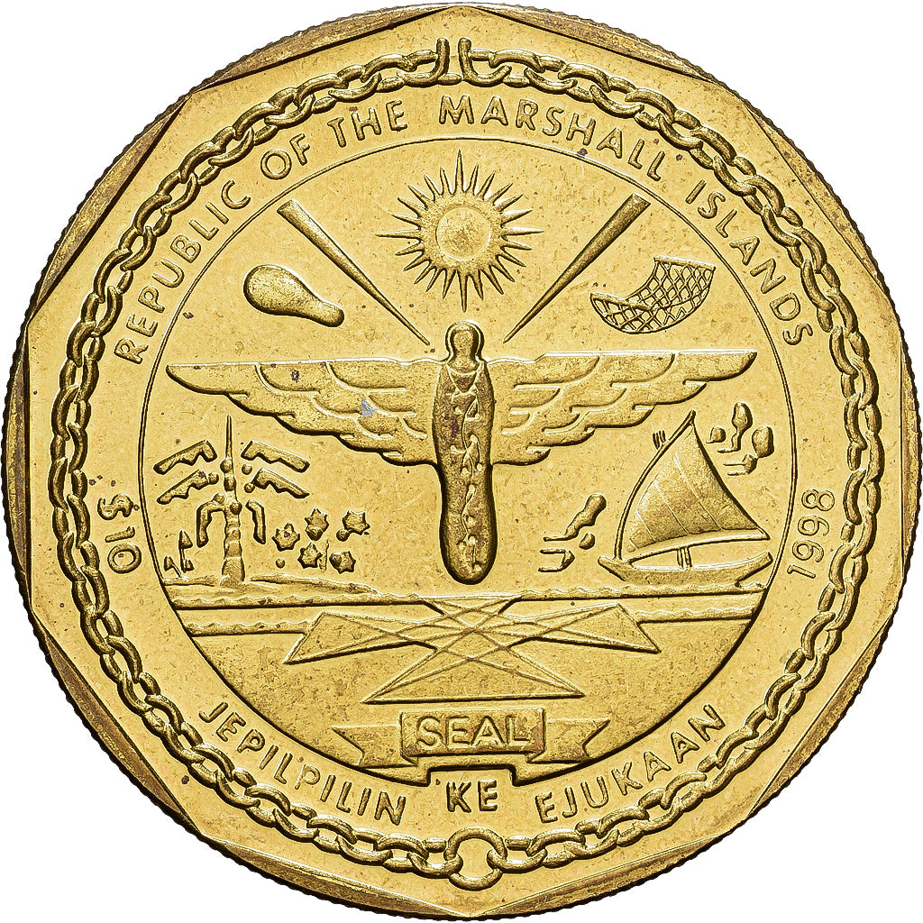 Marshall Eilanden, 10 Dollars, 1998, laiton, PR, KM:453