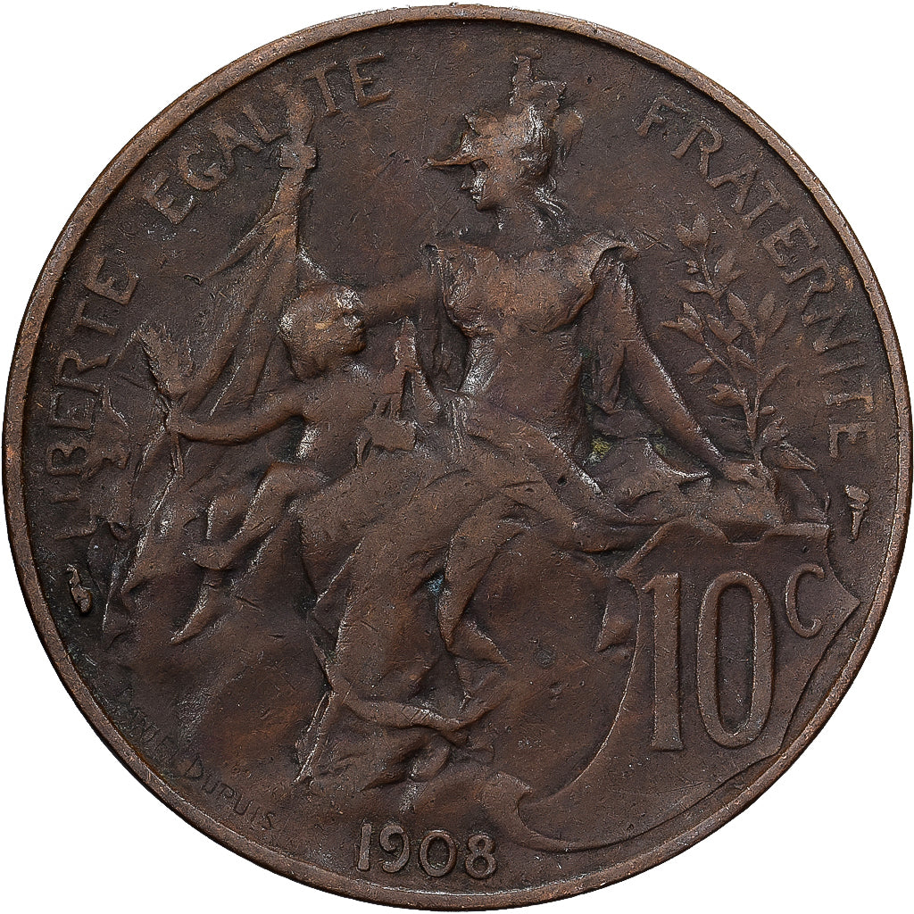 France, 10 Centimes, Dupuis, 1908, Paris, Bronze, TB+, Gadoury:277, KM:843